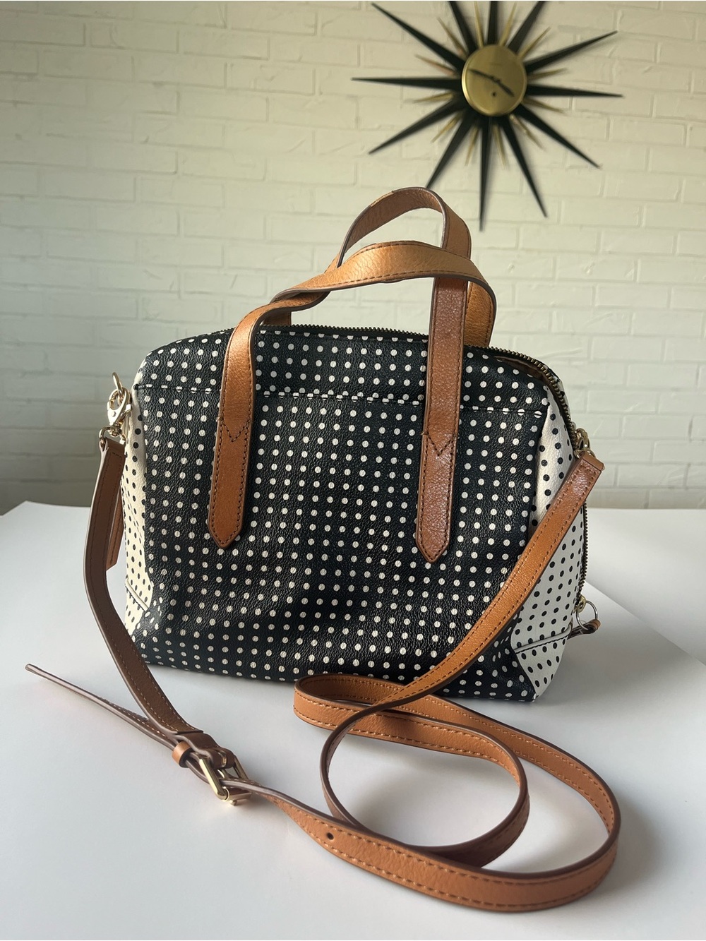 Fossil Black & White Polka Dot Crossbody with Tan Leather Trim